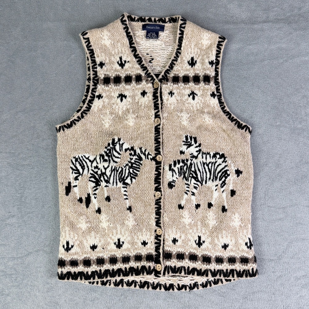 Eagles Eye Vintage Zebra Knit Sweater Vest Tan Ramie Cotton Button Front Women M